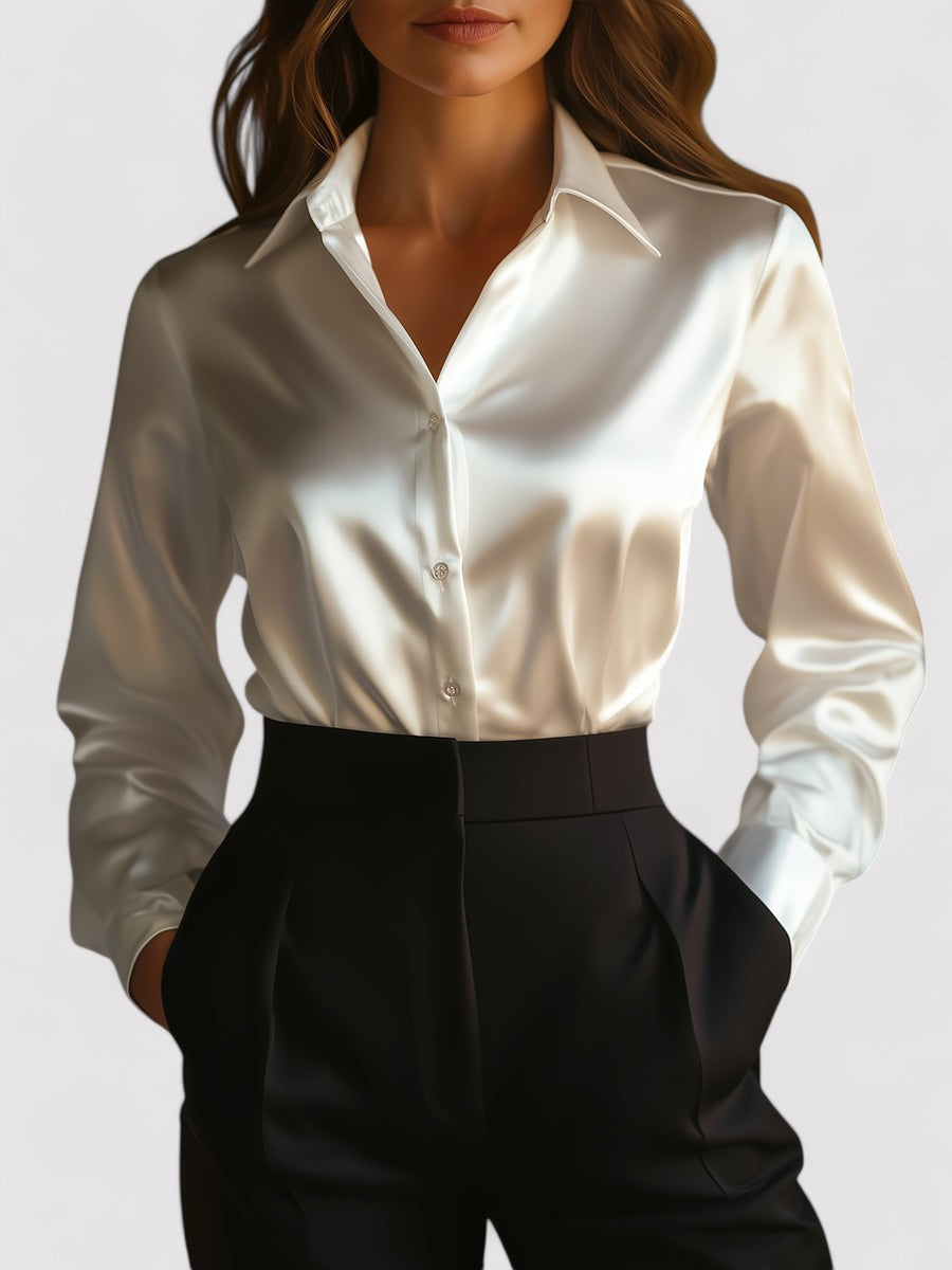 Damen Elegante Satin Langarmbluse In Feinem Glanz Und Stil