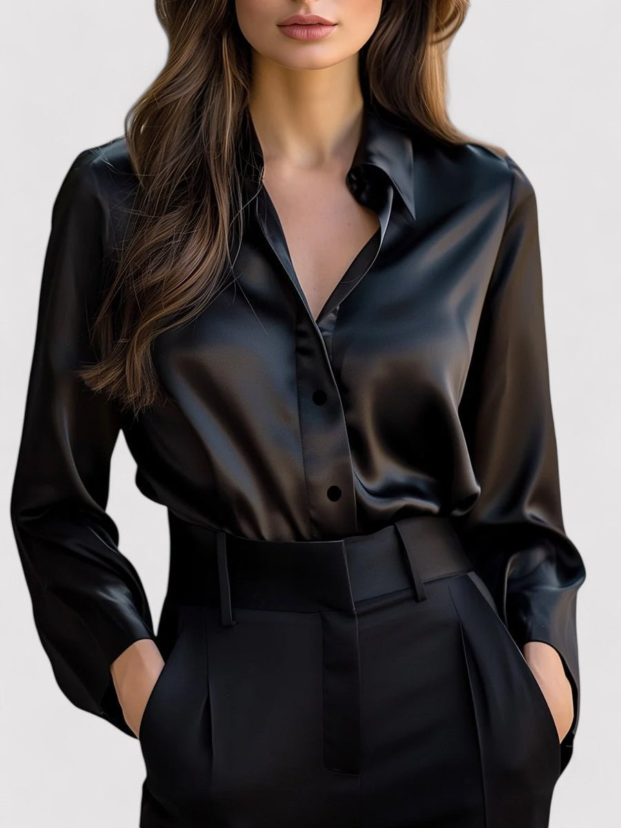 Damen Elegante Satin Langarmbluse In Feinem Glanz Und Stil