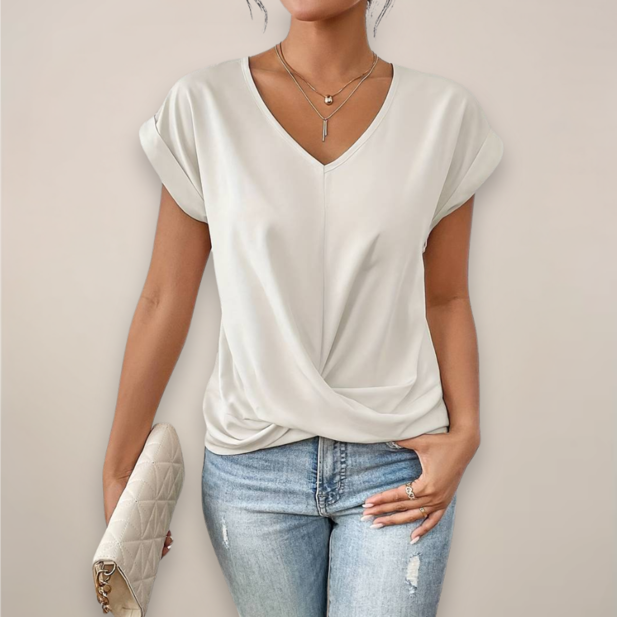 Damen Kurzarm-Top Mit Twist-Front Und V-Ausschnitt Frühling Sommer