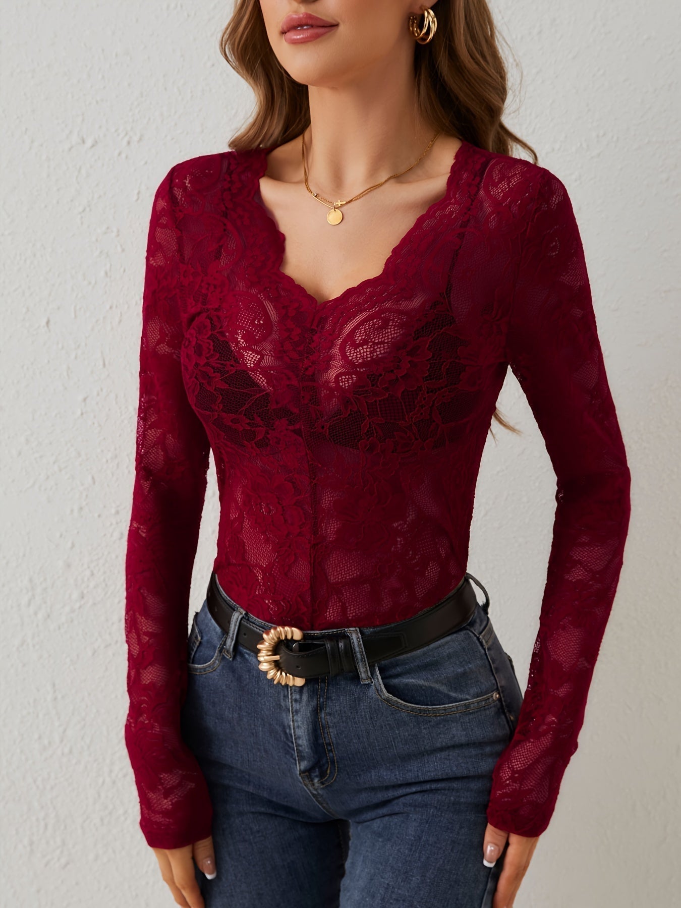 Damen Spitzenbluse Mit V-Ausschnitt – Slim Fit Mit Langen Ärmeln