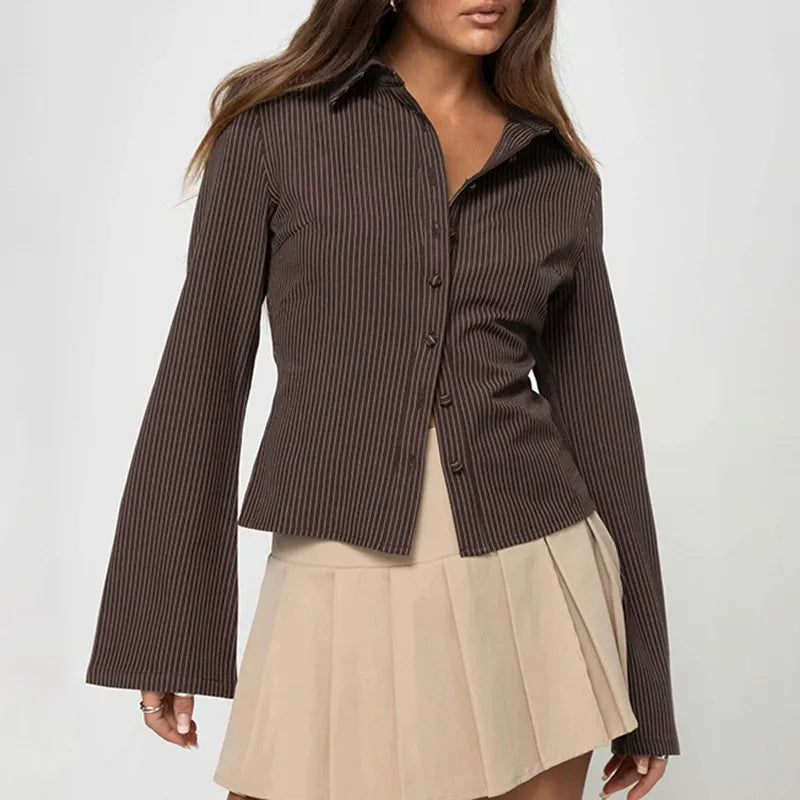 Damen Rippstreifen Bluse Mit Knopfleiste Und Punktkragen Lange Ärmel