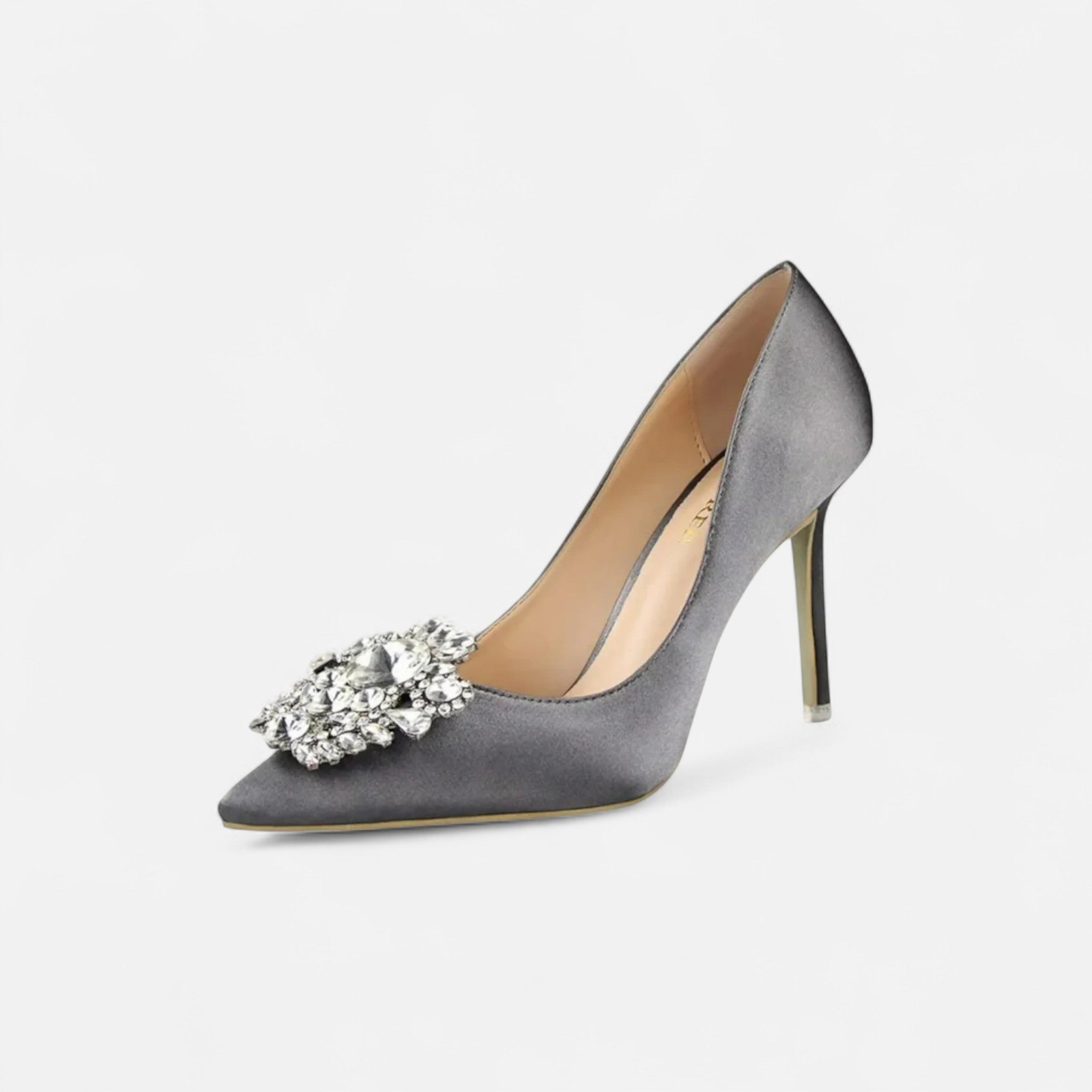 Damen Satin-Pumps Mit Spitz Zulaufenden Stiletto-Absätzen Und Kristallbrosche