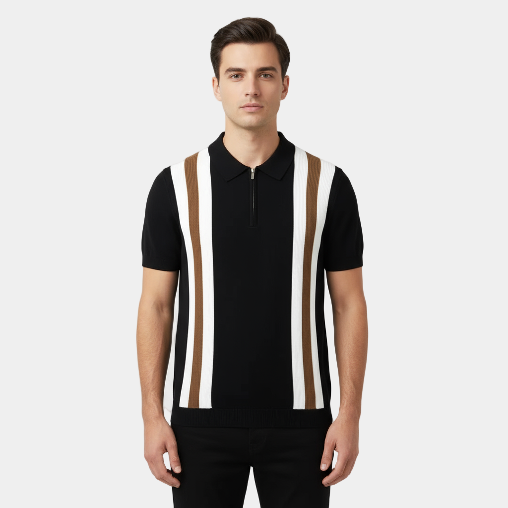 Herren Polo Mit Vertikalen Streifen Halb-Zip-Knopfleiste Gerippter Saum