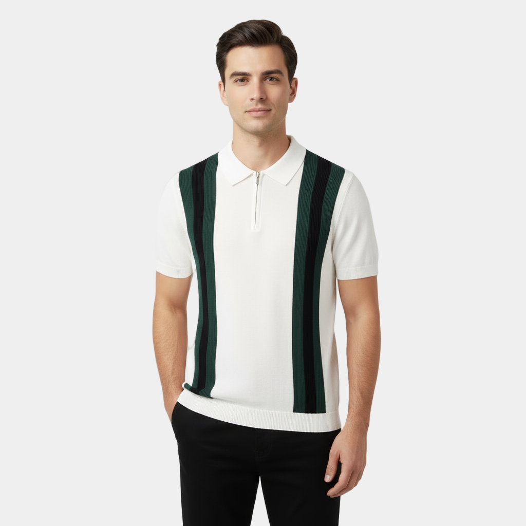 Herren Polo Mit Vertikalen Streifen Halb-Zip-Knopfleiste Gerippter Saum
