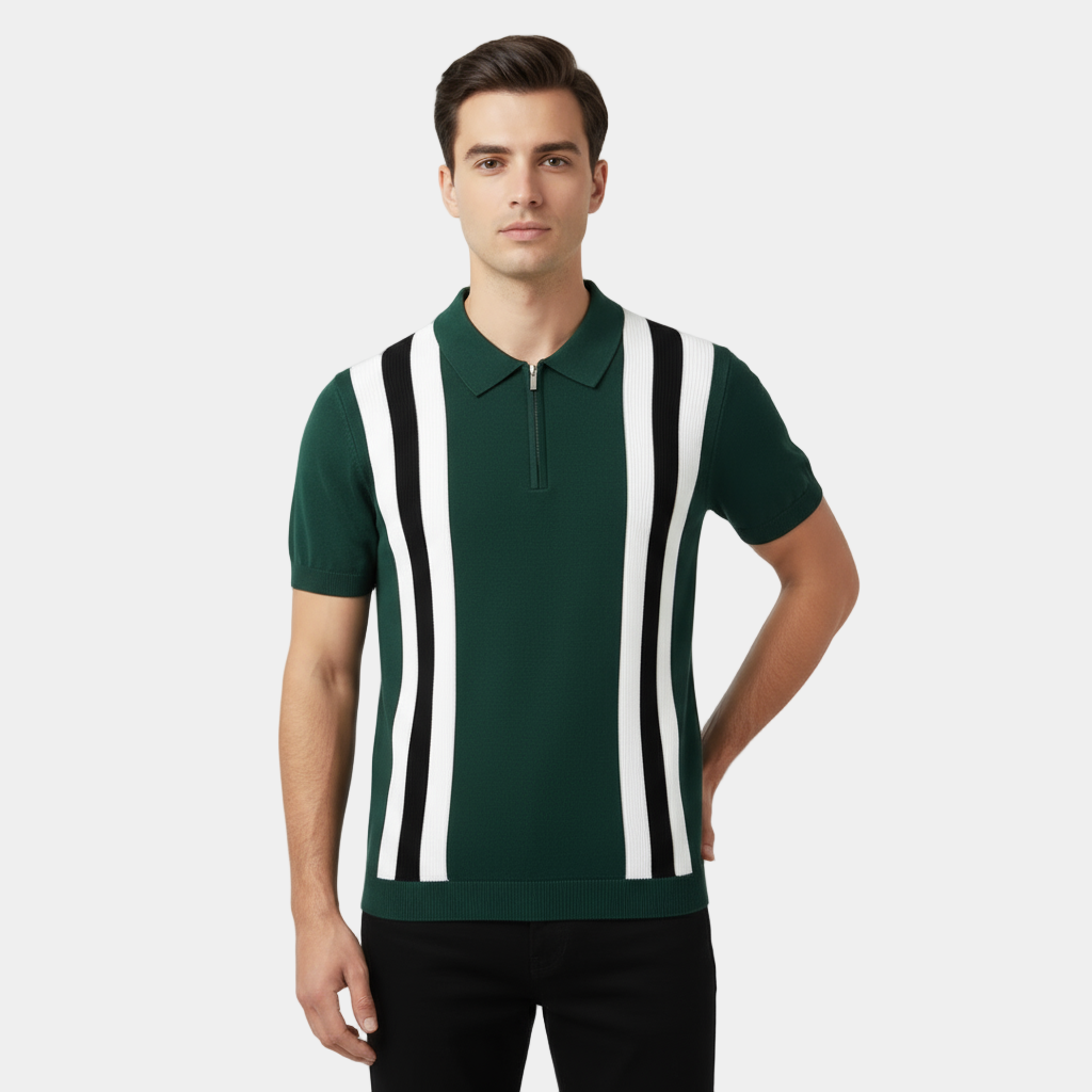 Herren Polo Mit Vertikalen Streifen Halb-Zip-Knopfleiste Gerippter Saum