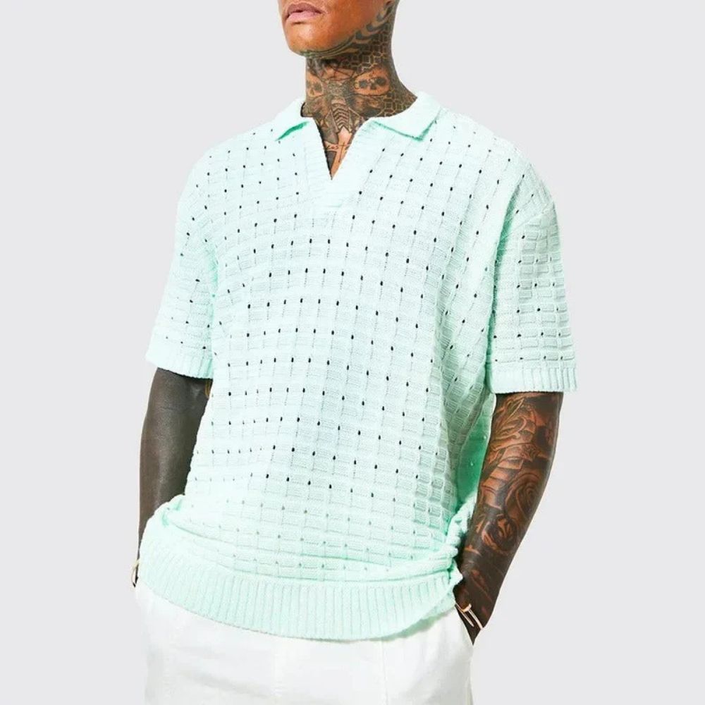Herren Strick Polo-Shirt Mit Offenem V-Ausschnitt Und Waffelstruktur Kurzarm