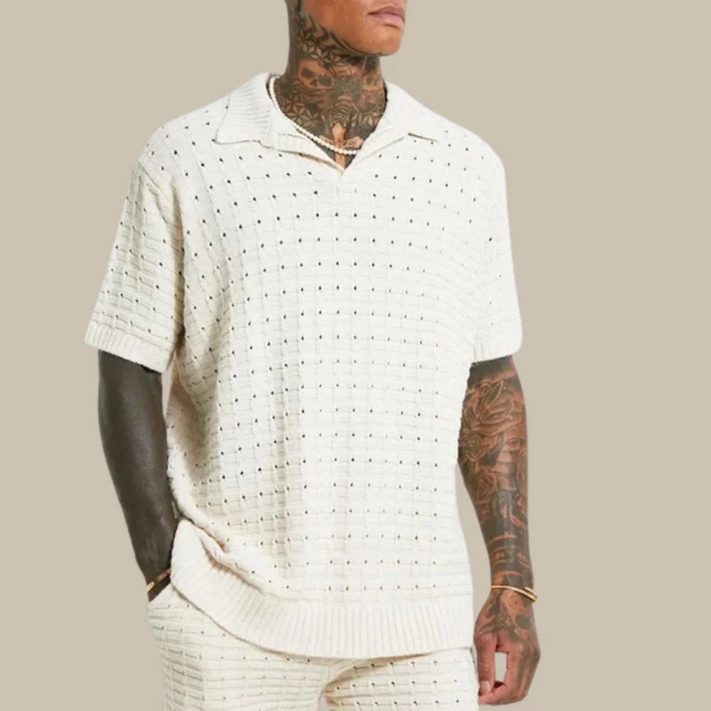 Herren Strick Polo-Shirt Mit Offenem V-Ausschnitt Und Waffelstruktur Kurzarm
