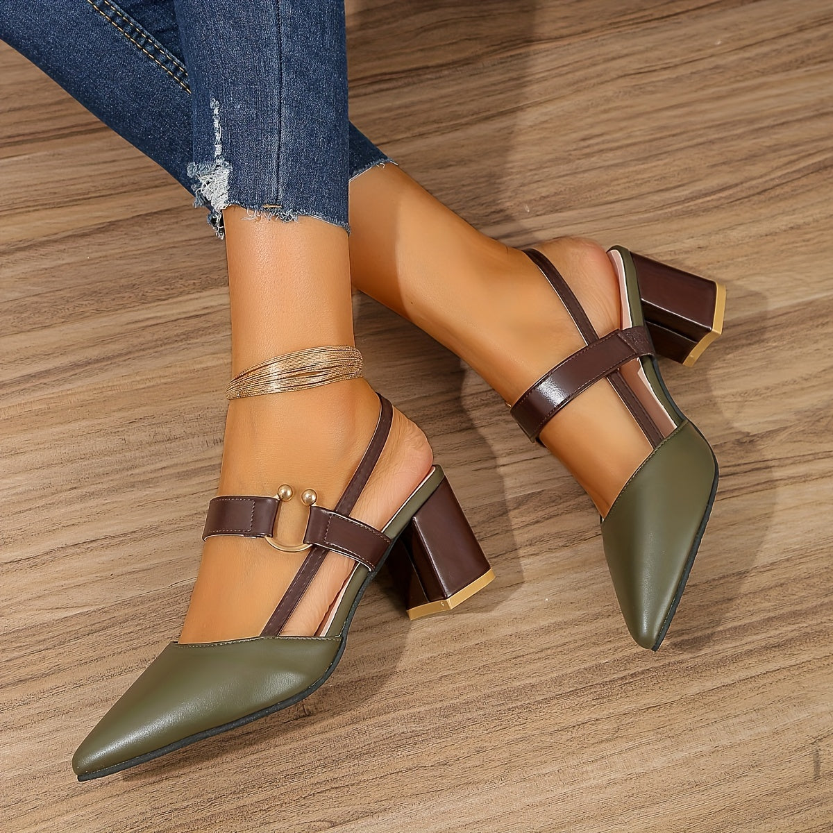 Damen Slingback-Pumps Mit Blockabsatz Zweifarbig Kontrast-Riemen Goldenen Ring