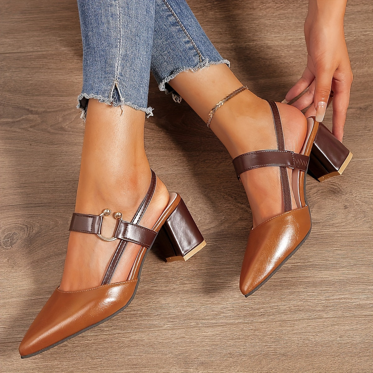 Damen Slingback-Pumps Mit Blockabsatz Zweifarbig Kontrast-Riemen Goldenen Ring