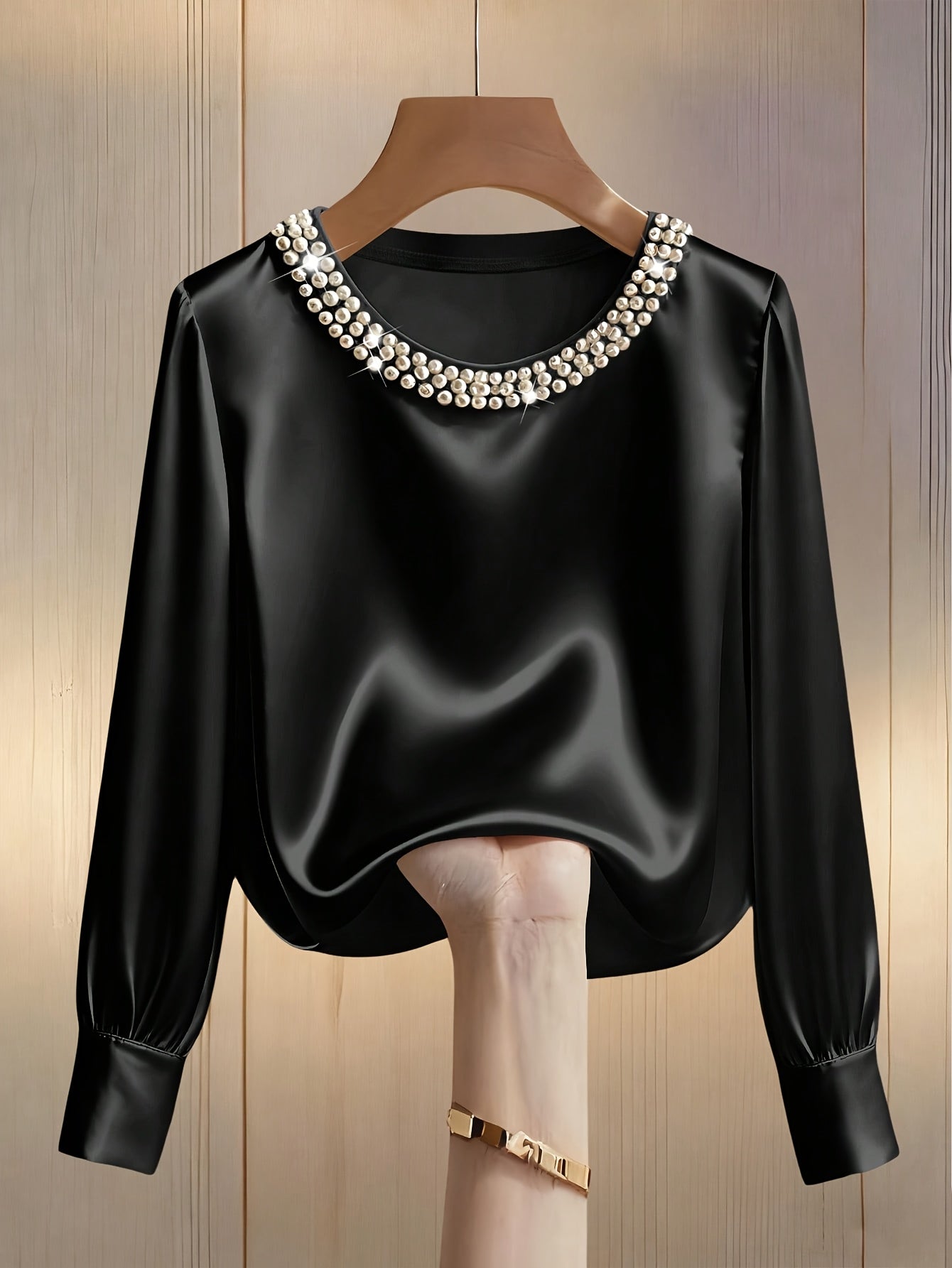 Damen Bluse Mit Satin-Bischofärmeln Und Perlen- und Kristallbesatz