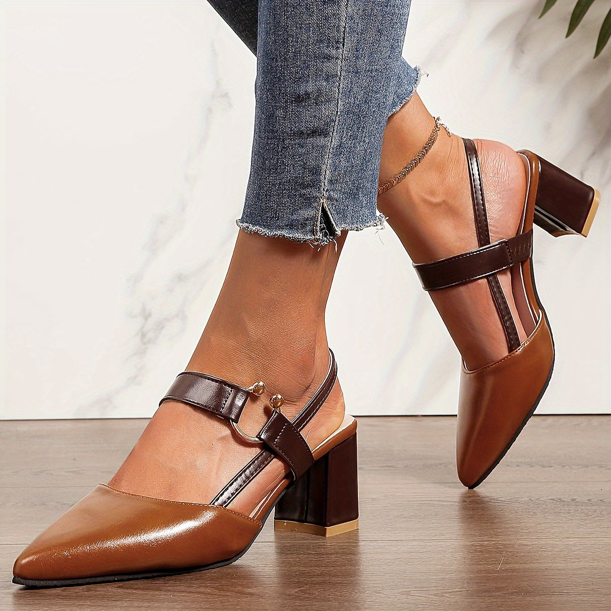 Damen Slingback-Pumps Mit Blockabsatz Zweifarbig Kontrast-Riemen Goldenen Ring