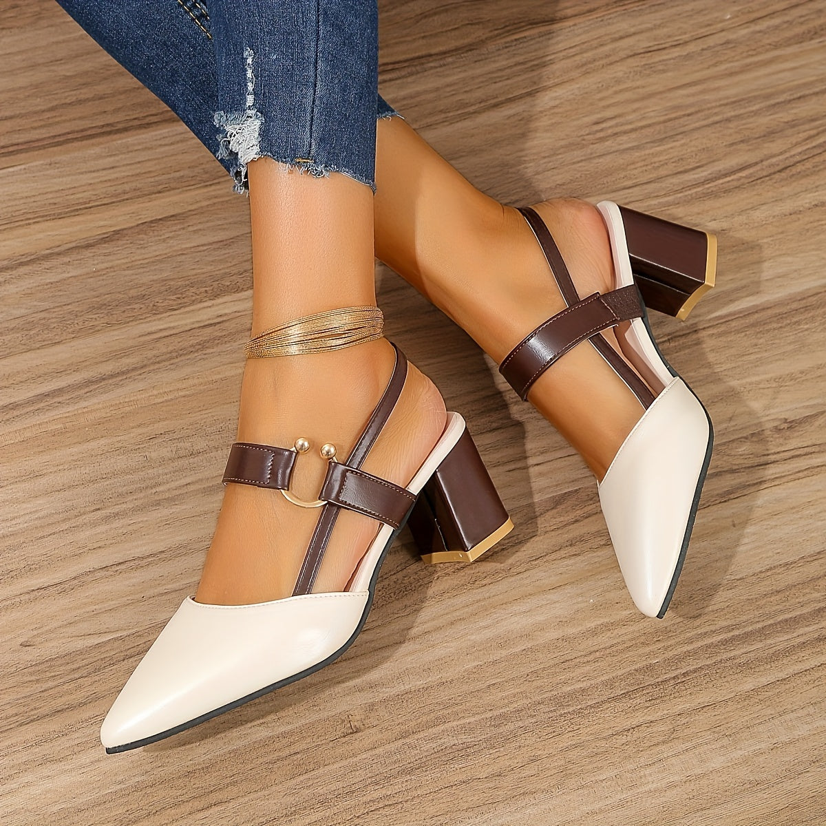 Damen Slingback-Pumps Mit Blockabsatz Zweifarbig Kontrast-Riemen Goldenen Ring
