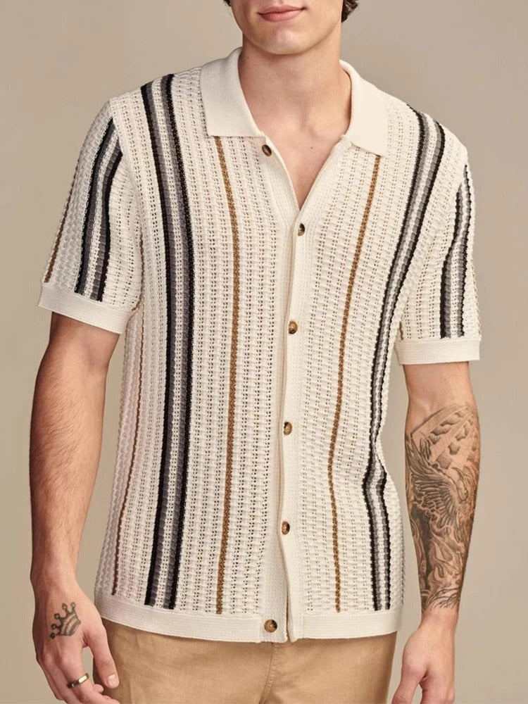 Herren Offenes Strickhemd Kurzarm Mit Reverskragen Und Knopfleiste Im Streifenlook
