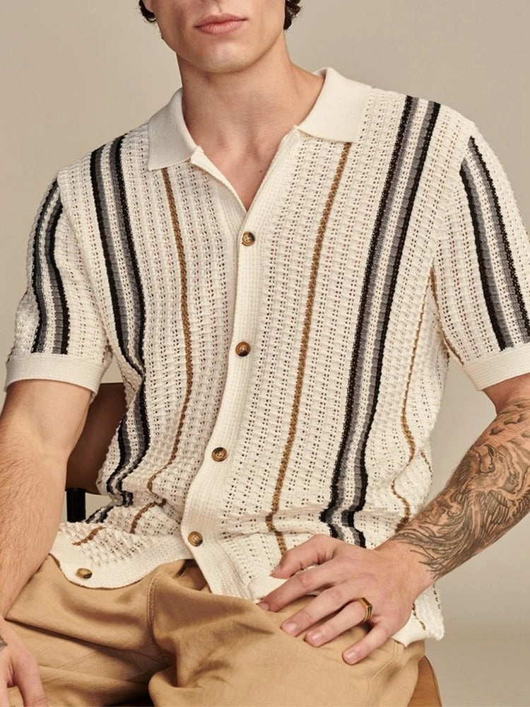 Herren Offenes Strickhemd Kurzarm Mit Reverskragen Und Knopfleiste Im Streifenlook